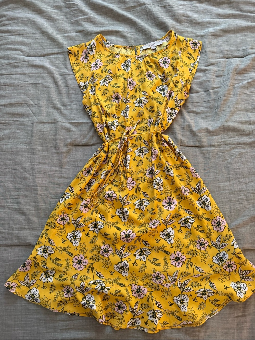 LOFT Yellow Floral Tie-Waist Dress with Pink Blooms